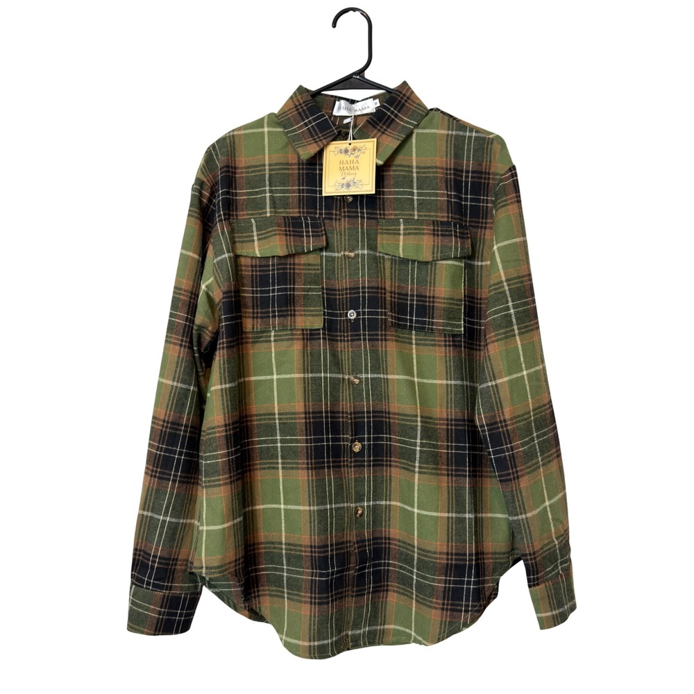 Haha Mama Plaid Button Down Shirt Womens M Green NWT‎ Long Sleeve Flannel Style